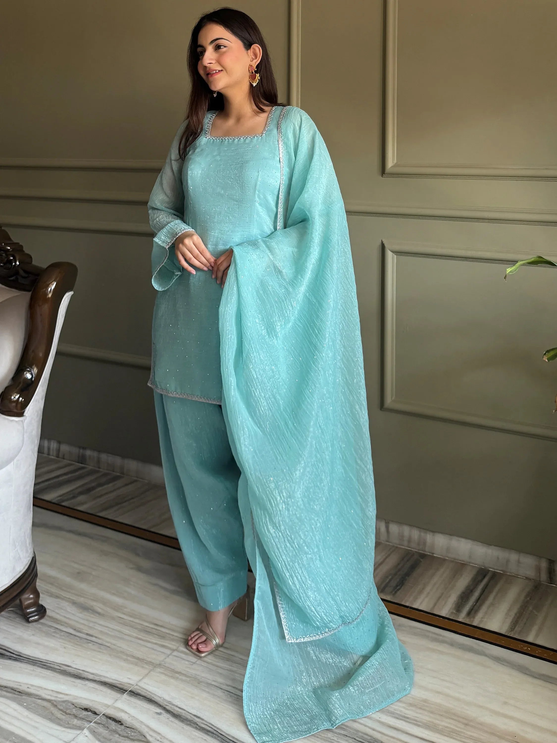 Stunning Sky Blue Lace Work Silk Wedding Wear Salwar Suit
