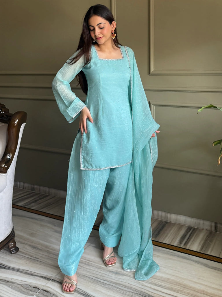 Stunning Sky Blue Lace Work Silk Wedding Wear Salwar Suit