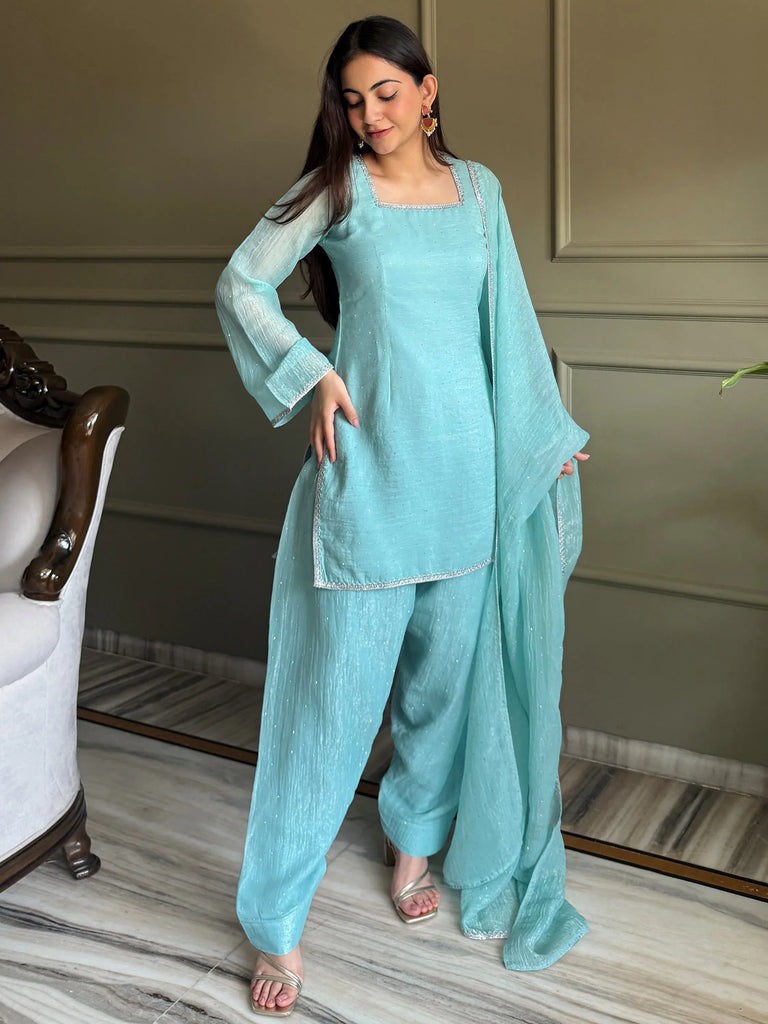 Stunning Sky Blue Lace Work Silk Wedding Wear Salwar Suit
