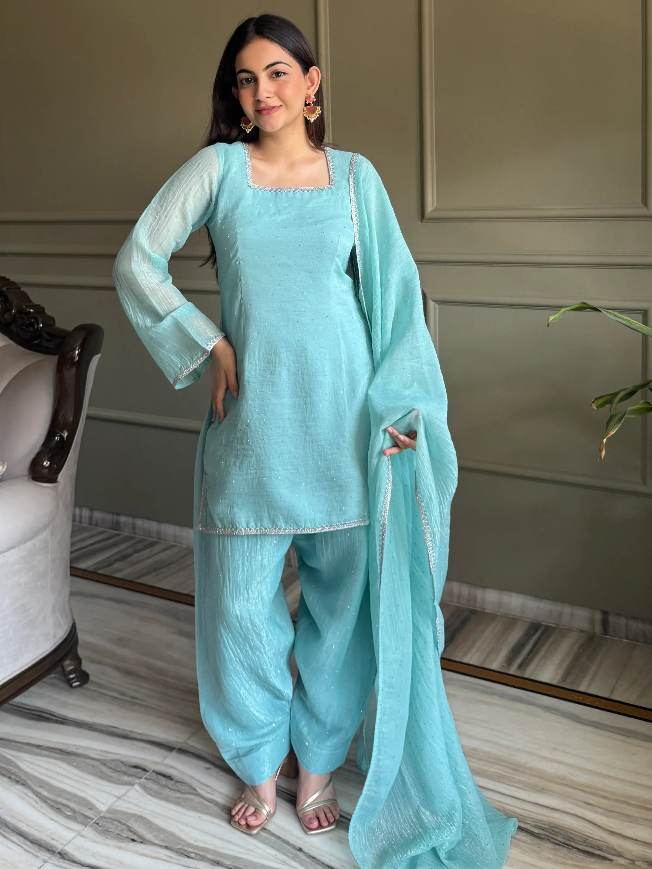Stunning Sky Blue Lace Work Silk Wedding Wear Salwar Suit