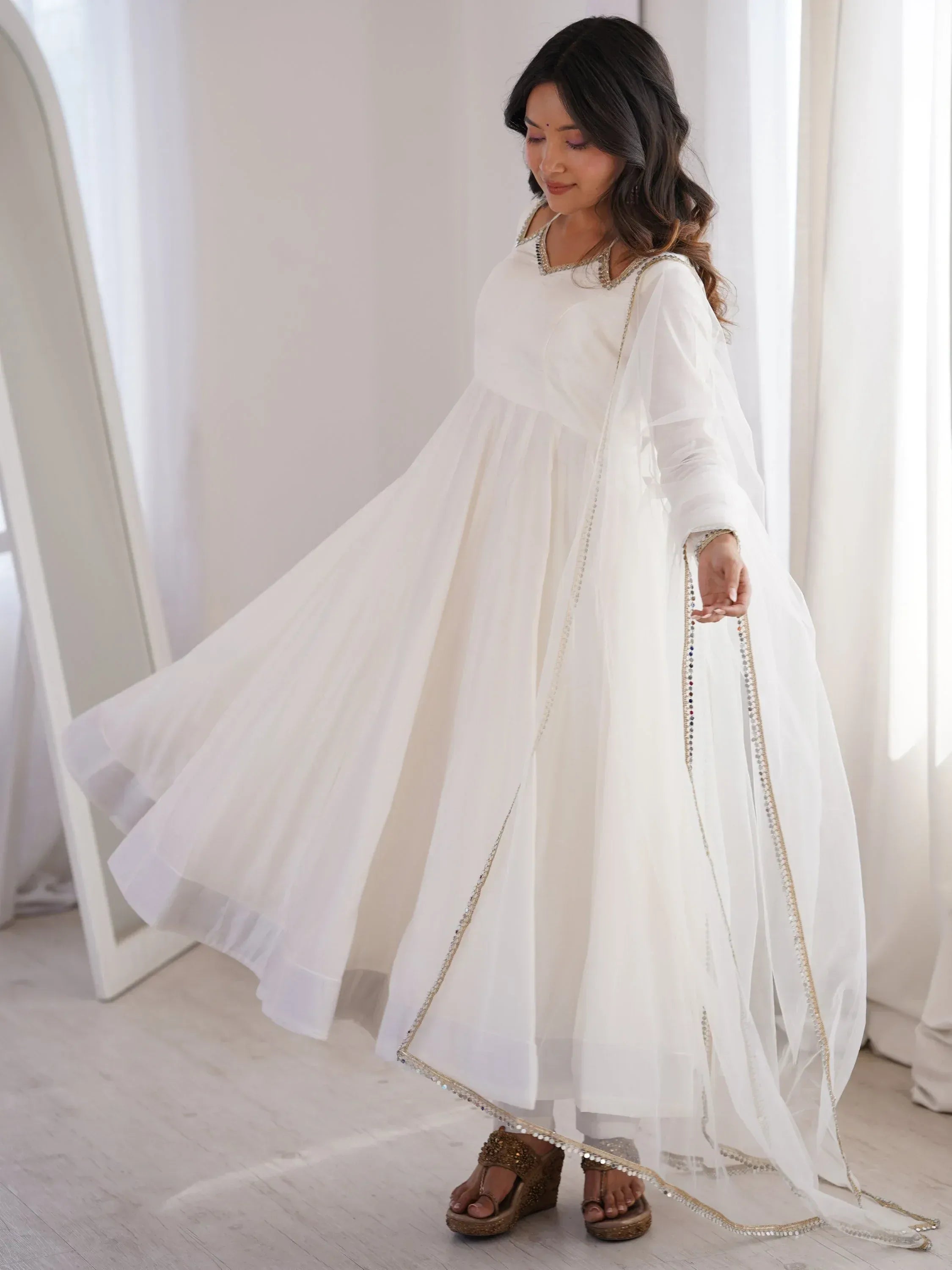 Stunning White Lace Work Roman Silk Festive Wear Anarkali Suit Pant