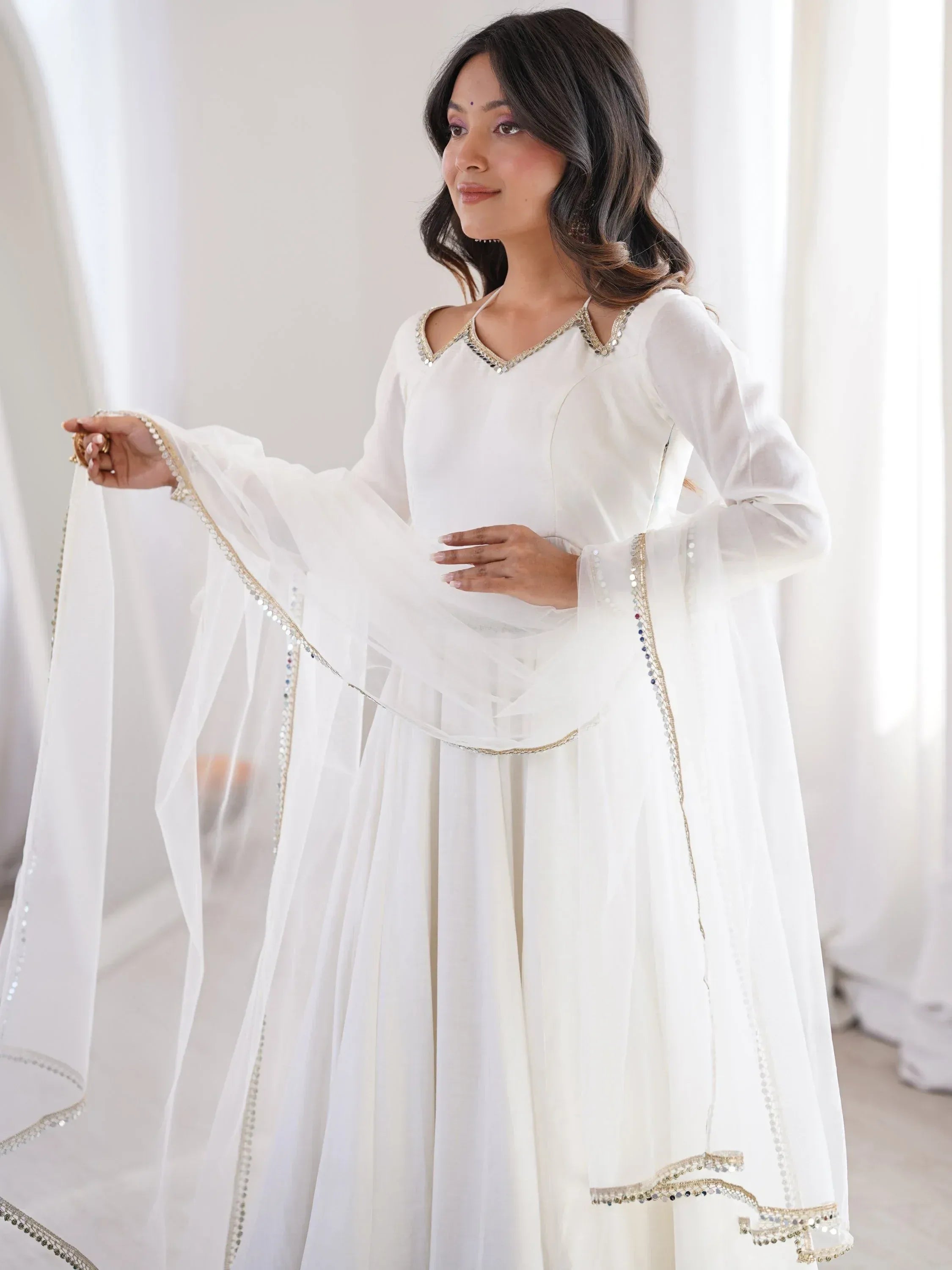 Stunning White Lace Work Roman Silk Festive Wear Anarkali Suit Pant