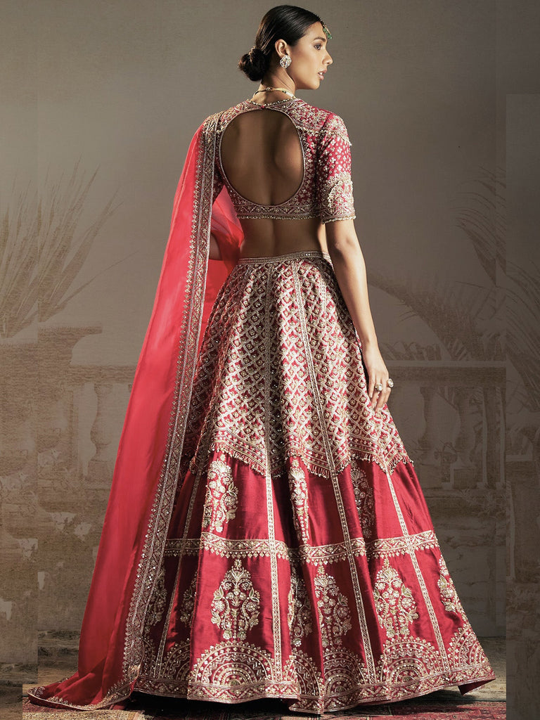 Notable Red Zari Embroidered Silk Wedding Wear Lehenga Choli With Dupatta