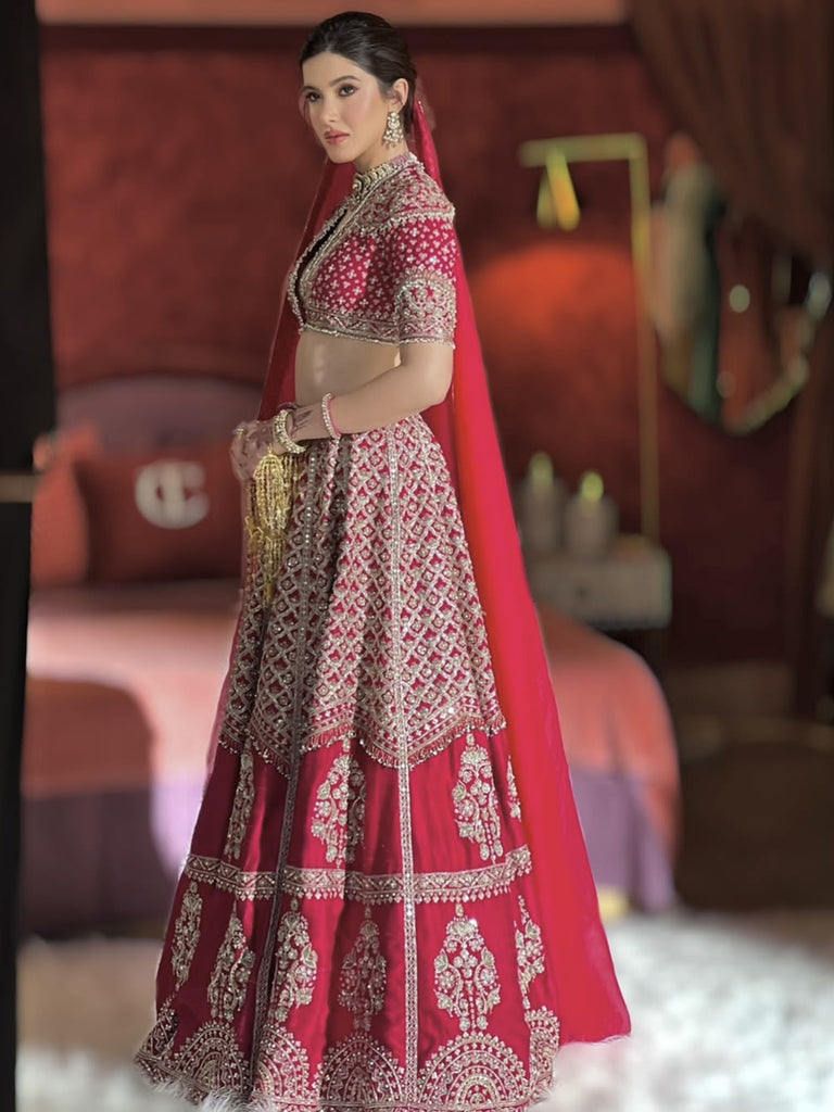 Notable Red Zari Embroidered Silk Wedding Wear Lehenga Choli With Dupatta
