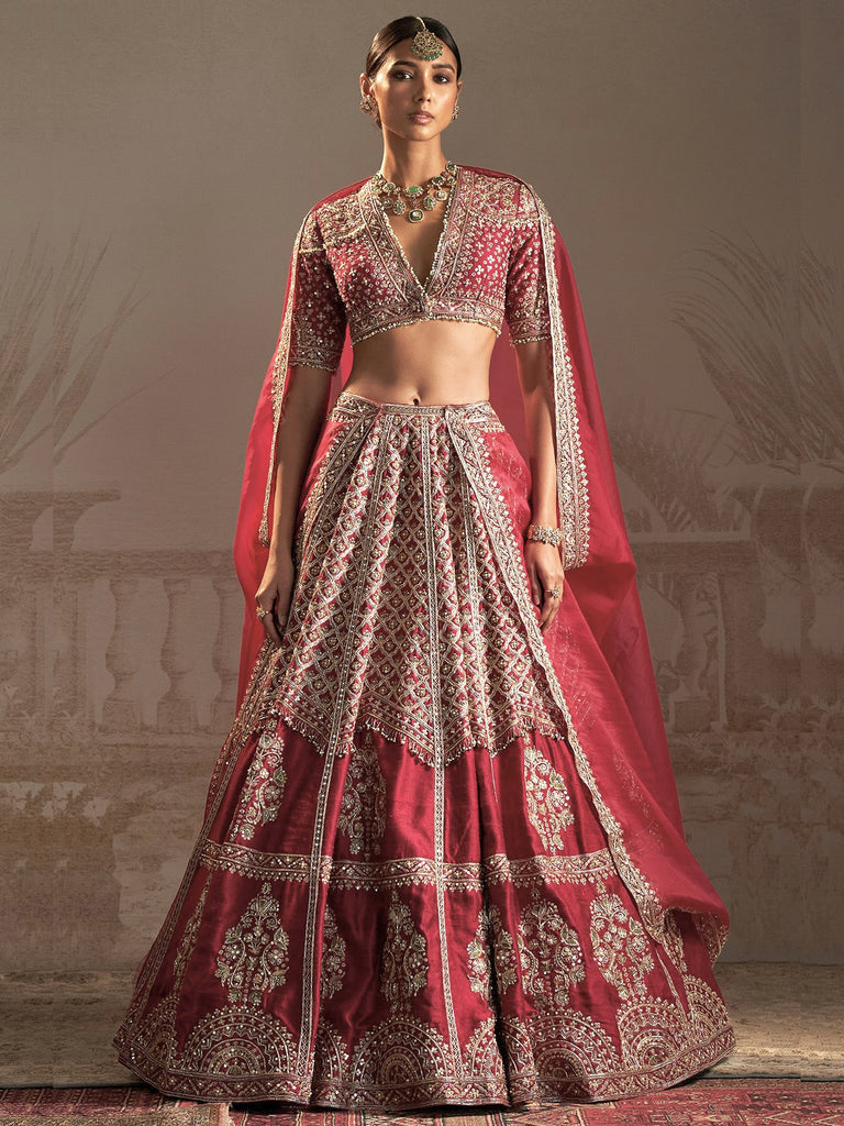 Notable Red Zari Embroidered Silk Wedding Wear Lehenga Choli With Dupatta