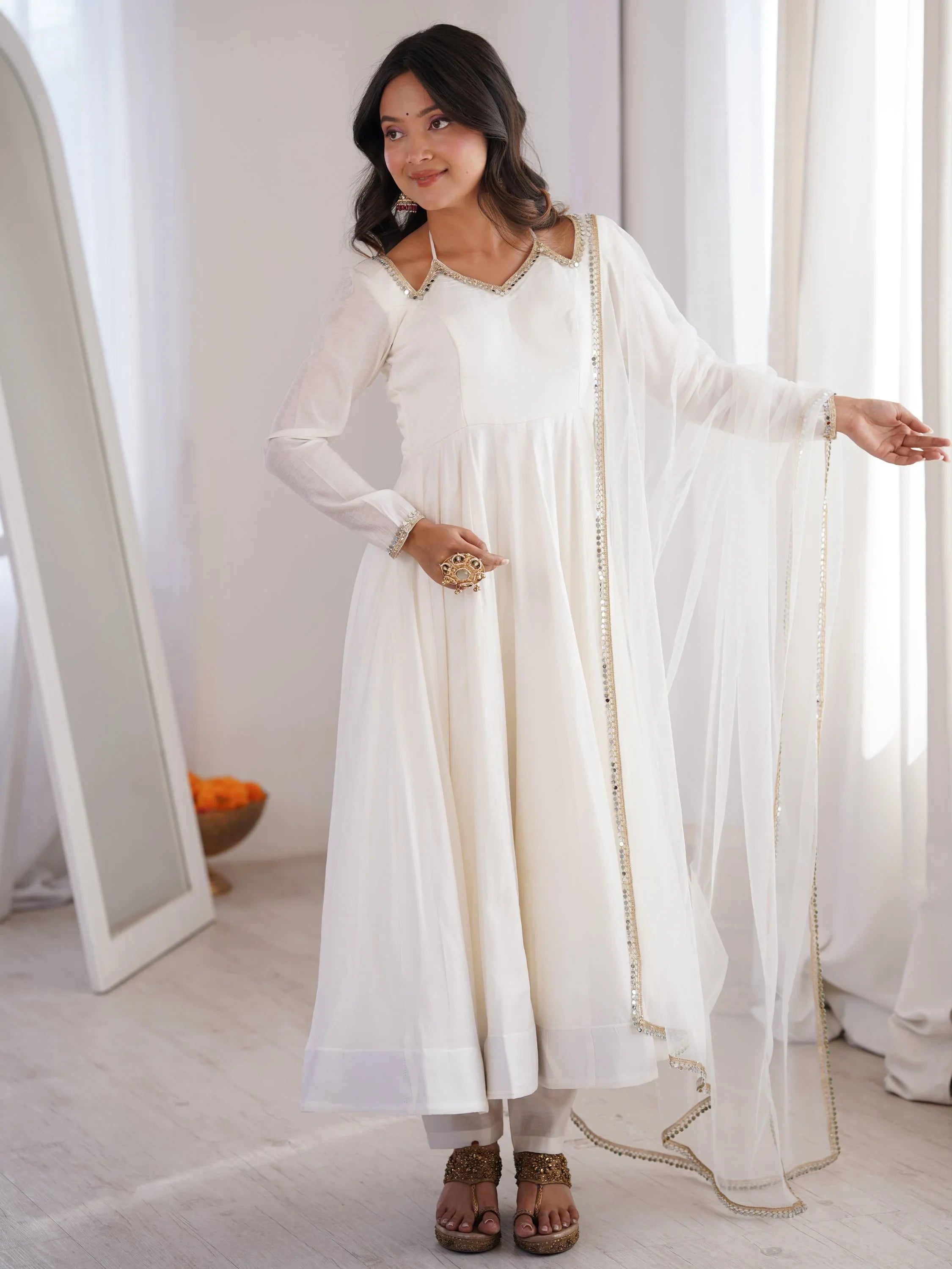 Stunning White Lace Work Roman Silk Festive Wear Anarkali Suit Pant