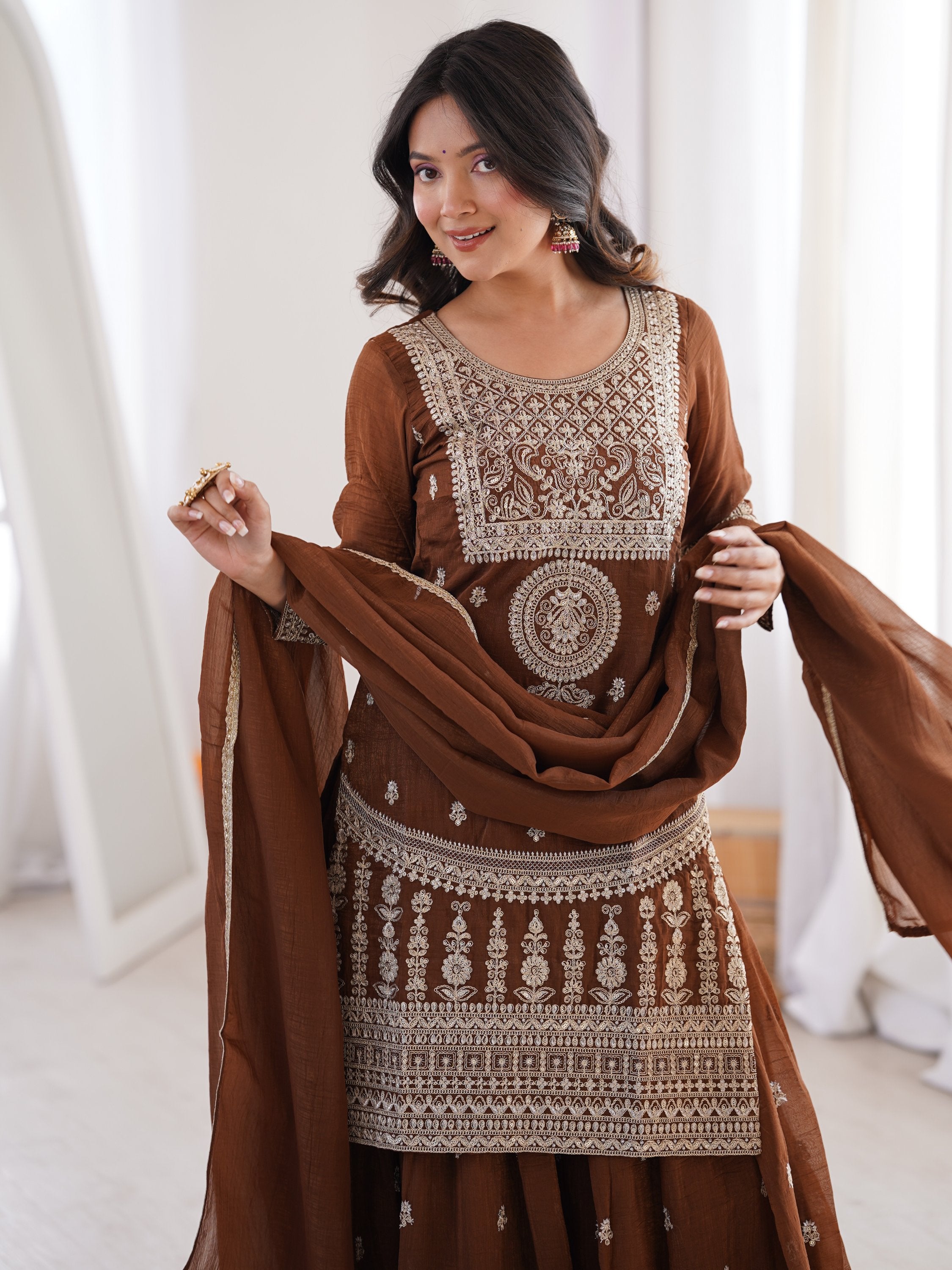 Delicate Brown Dori Embroidery Silk Eid Special Sharara Suit