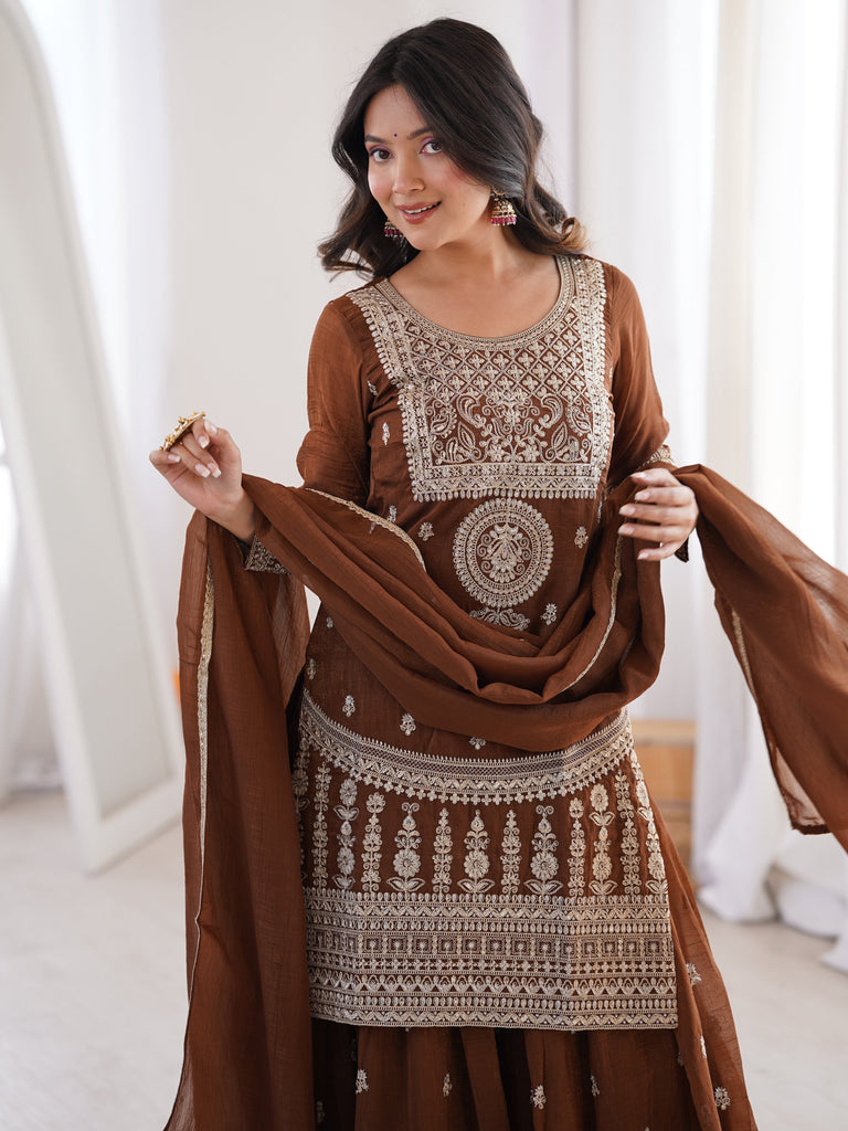 Delicate Brown Dori Embroidery Silk Eid Special Sharara Suit