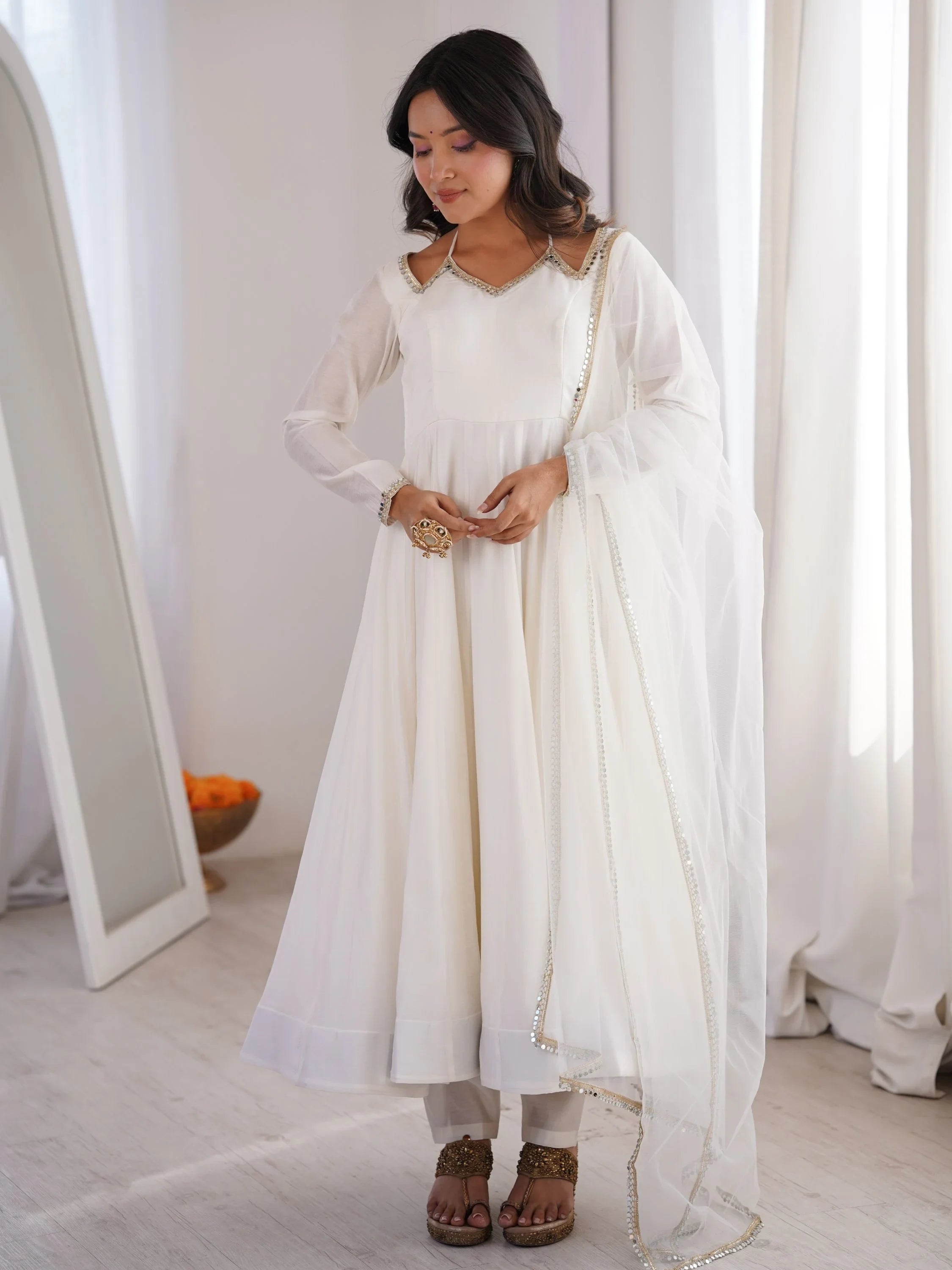 Stunning White Lace Work Roman Silk Festive Wear Anarkali Suit Pant