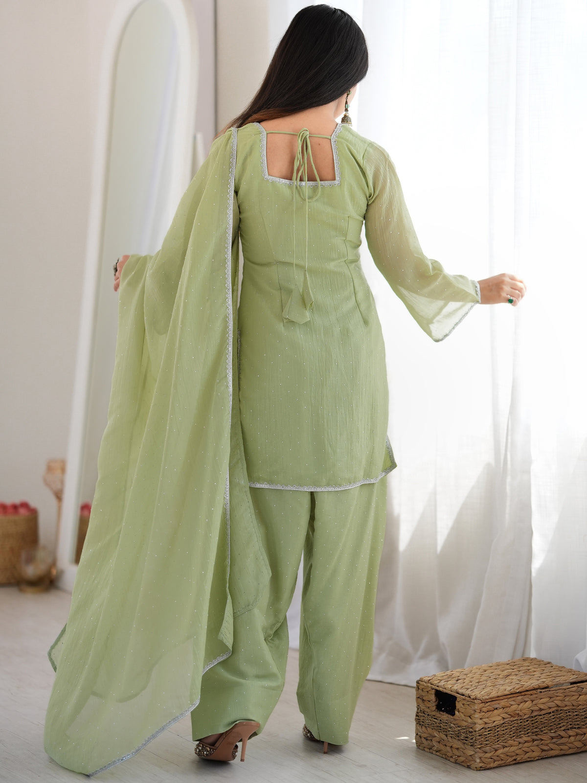 Gorgeous Pista Green Lace Border Silk Mehendi Wear Salwar Suit