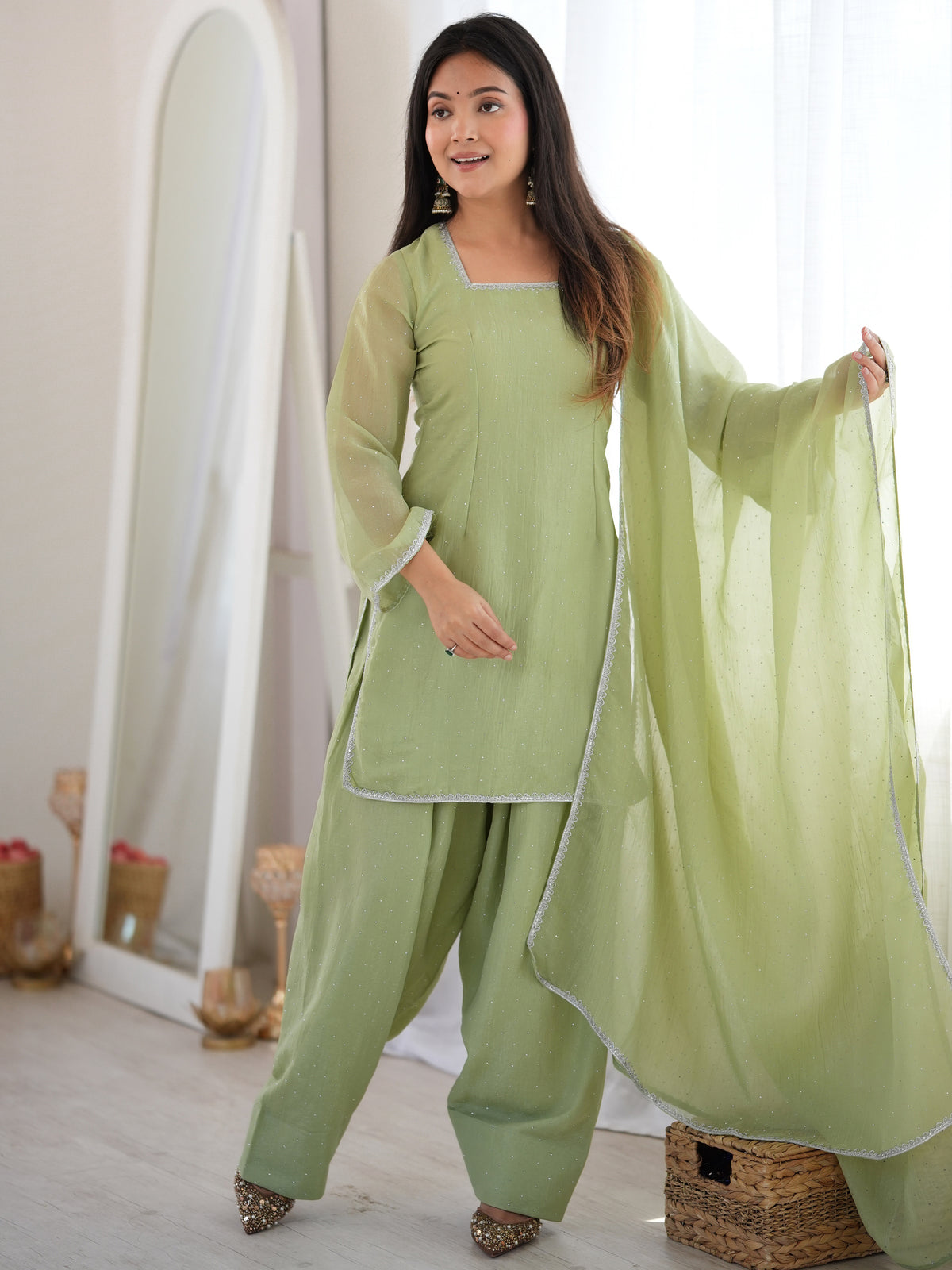 Gorgeous Pista Green Lace Border Silk Mehendi Wear Salwar Suit