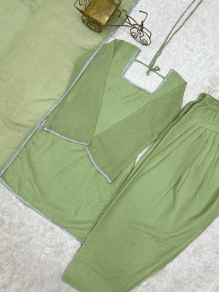 Gorgeous Pista Green Lace Border Silk Mehendi Wear Salwar Suit