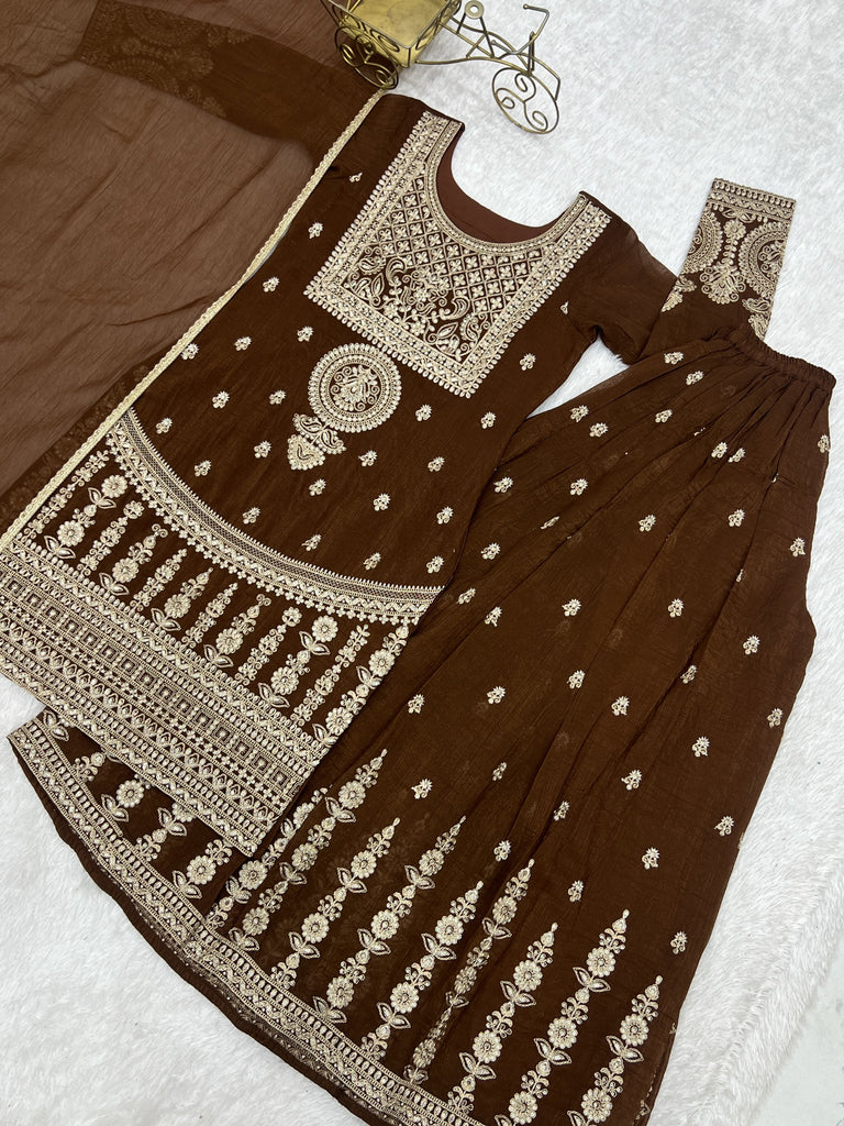 Delicate Brown Dori Embroidery Silk Eid Special Sharara Suit