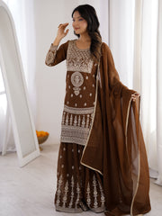 Delicate Brown Dori Embroidery Silk Eid Special Sharara Suit