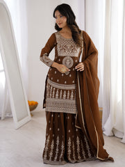 Delicate Brown Dori Embroidery Silk Eid Special Sharara Suit