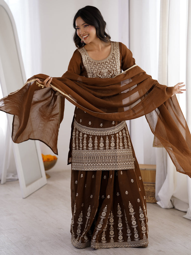 Delicate Brown Dori Embroidery Silk Eid Special Sharara Suit