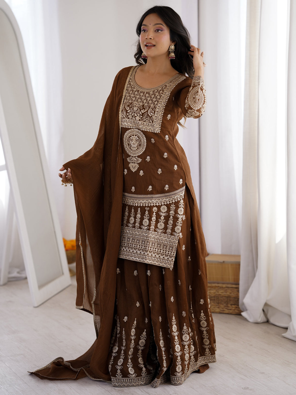 Delicate Brown Dori Embroidery Silk Eid Special Sharara Suit