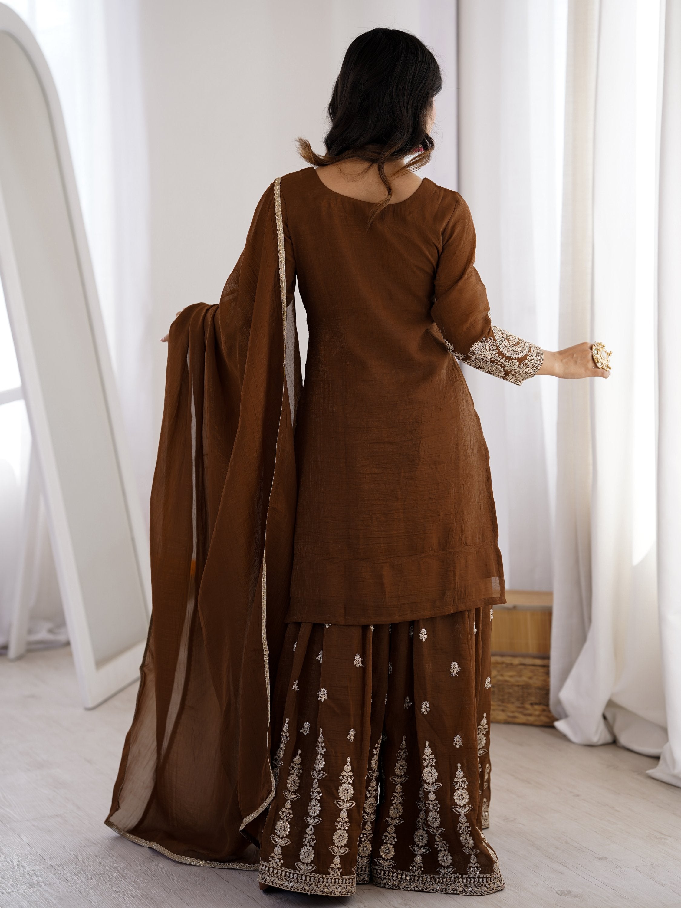 Delicate Brown Dori Embroidery Silk Eid Special Sharara Suit
