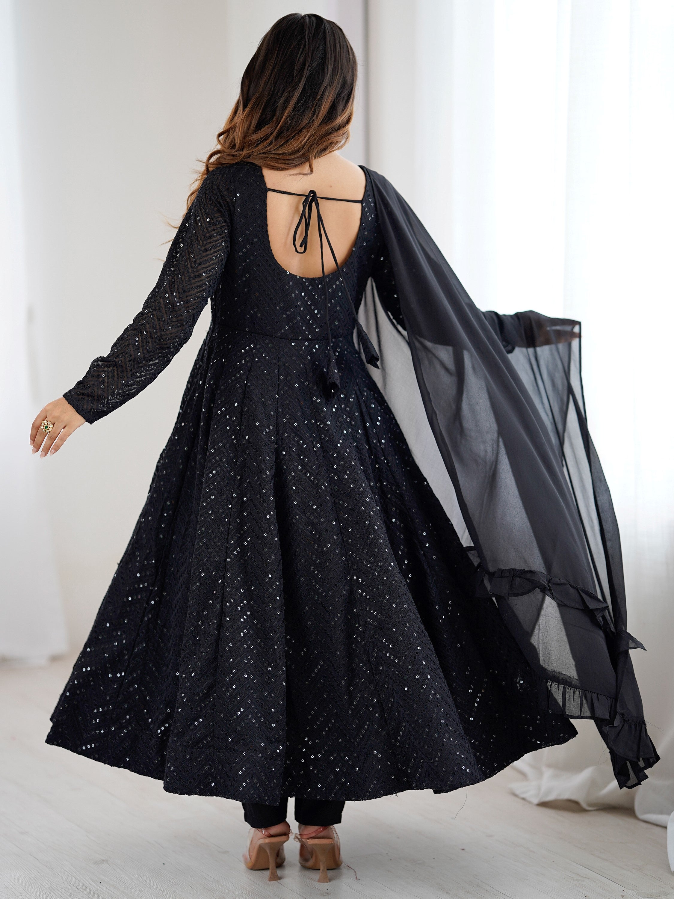 Outstanding Black Sequins Georgette Festival Wear Anarkali Suit