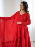 Marvelous Red Georgette Lucknowi Work Festival Wear Anarkali Suit