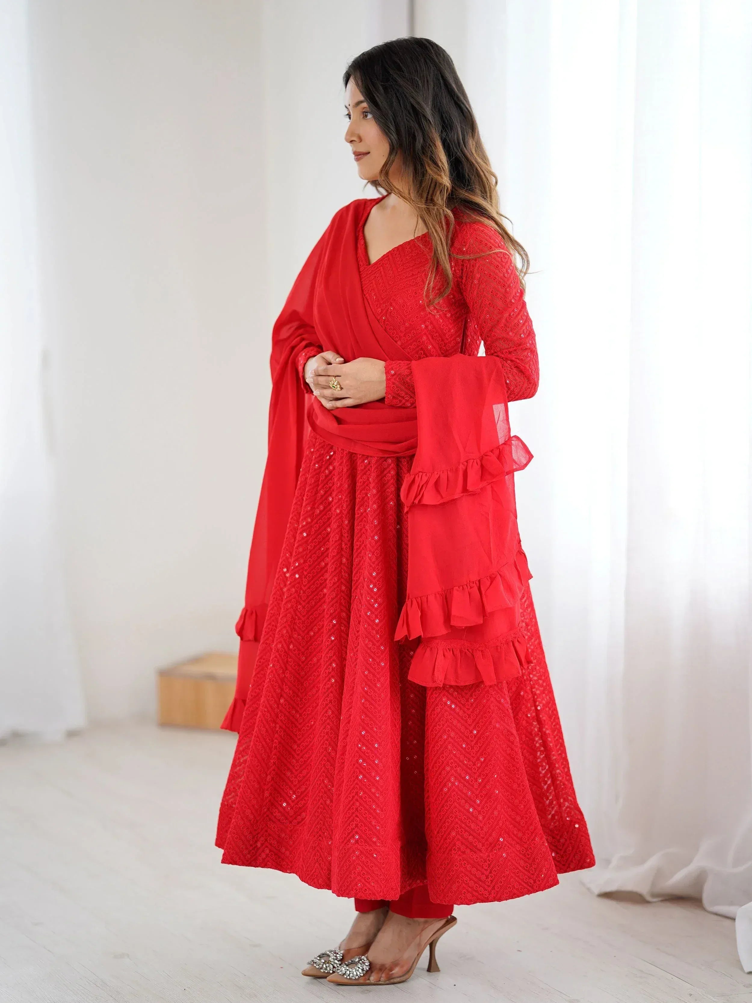 Red sequin anarkali with ruffled sleeves and dupatta, Indian ethnic wear for women