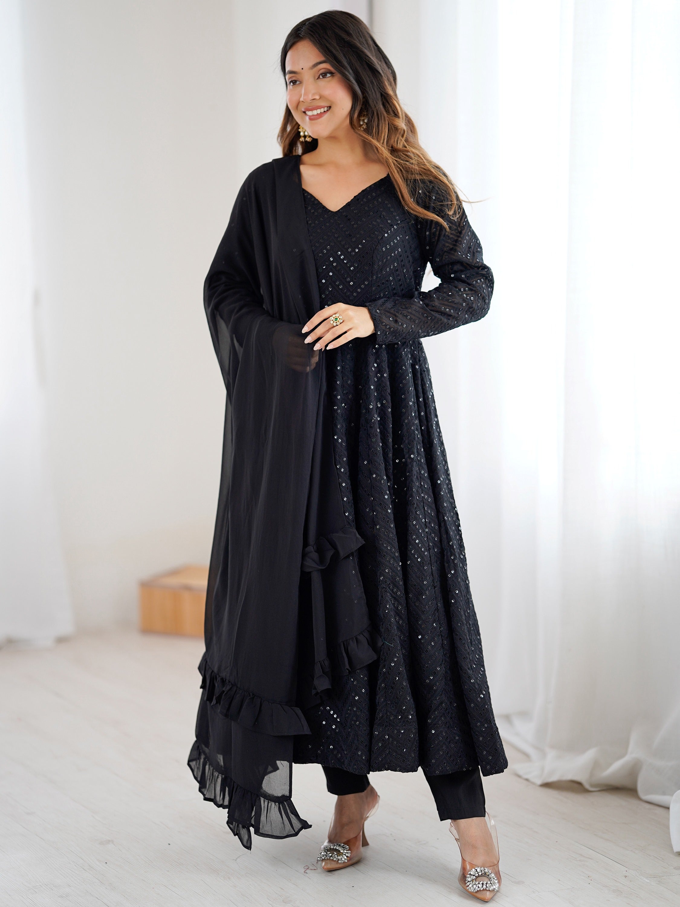 Outstanding Black Sequins Georgette Festival Wear Anarkali Suit