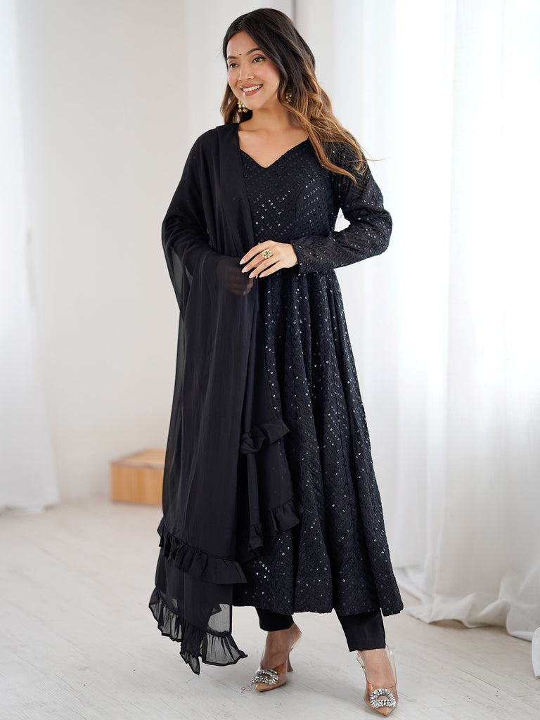 Outstanding Black Sequins Georgette Festival Wear Anarkali Suit