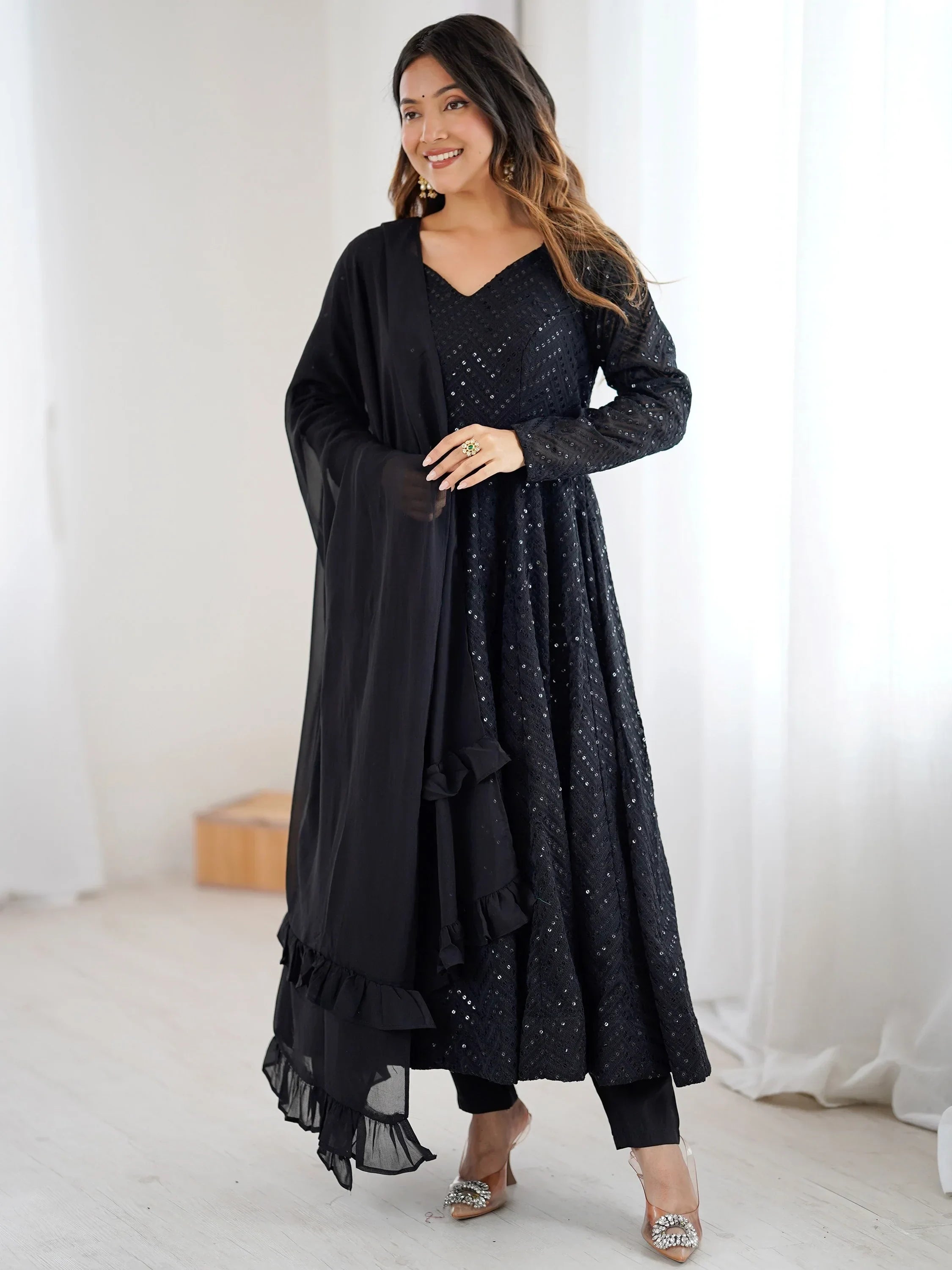 Outstanding Black Sequins Georgette Festival Wear Anarkali Suit
