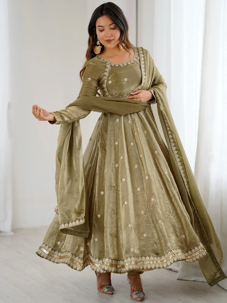 Marvelous Green Sequins Silk Function Wear Gown With Dupatta