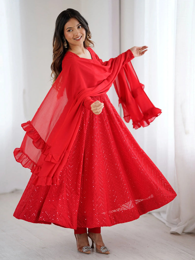 Marvelous Red Georgette Lucknowi Work Festival Wear Anarkali Suit