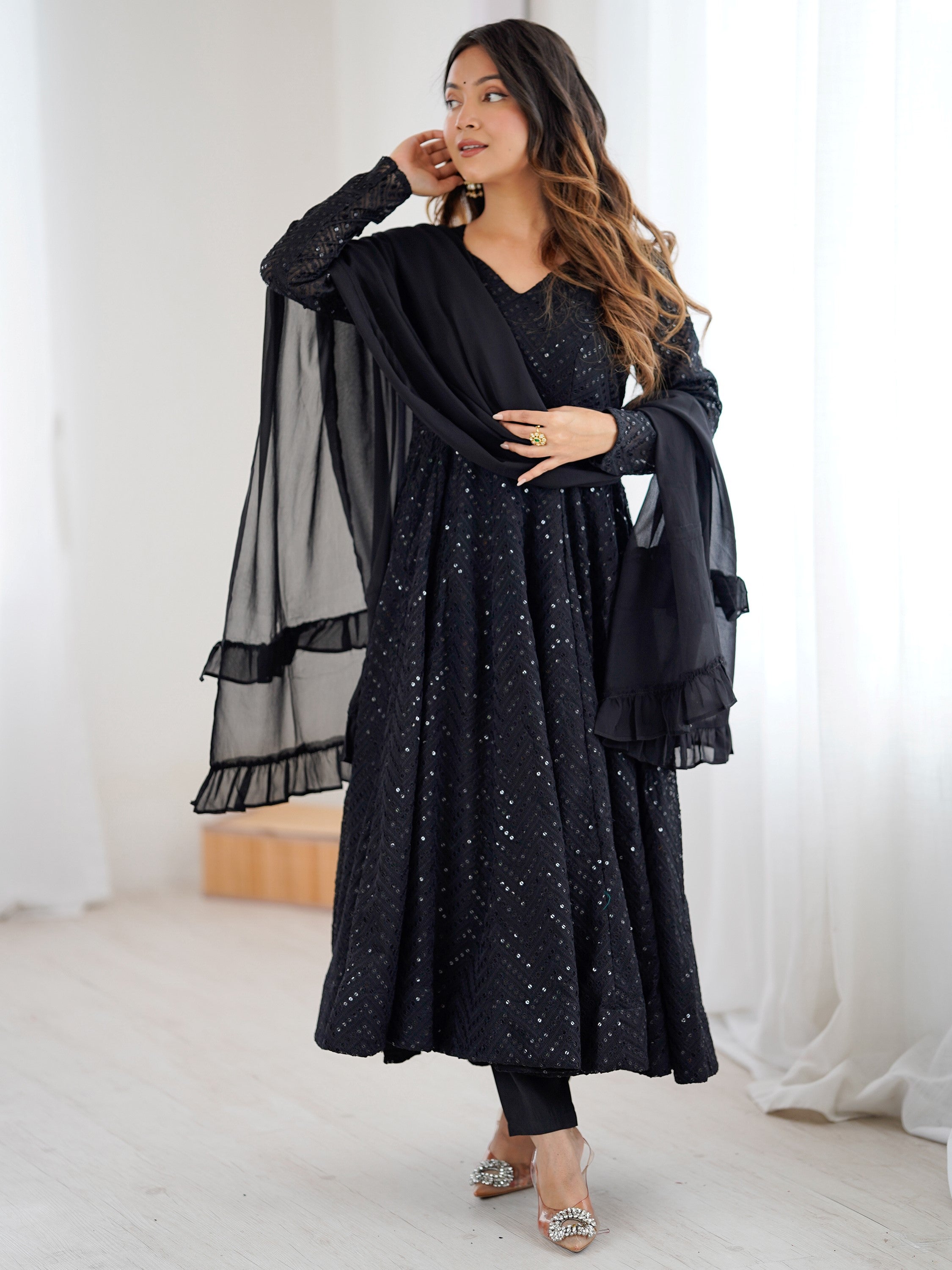 Outstanding Black Sequins Georgette Festival Wear Anarkali Suit