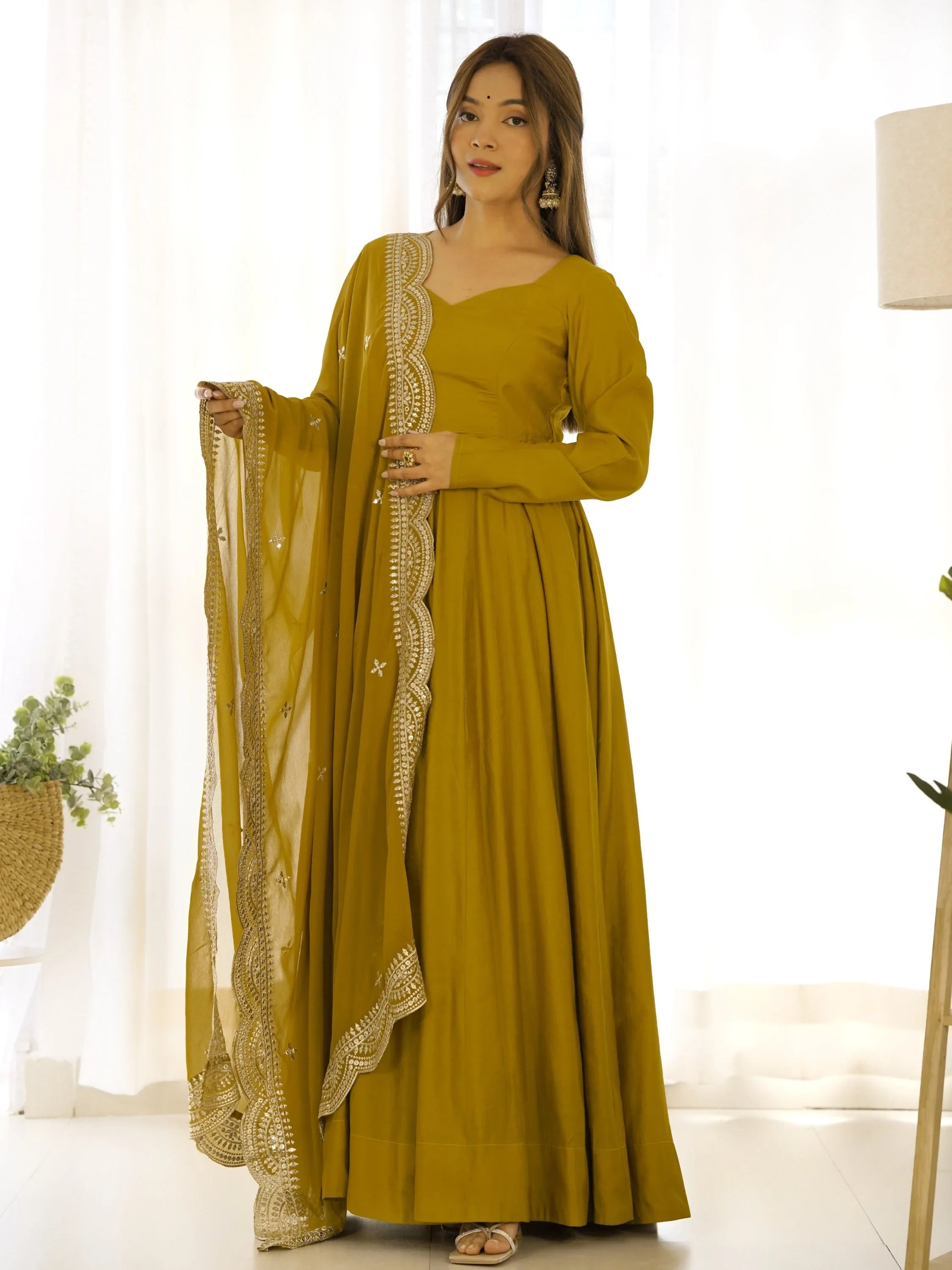 Ravishing Mustard Yellow Silk Anarkali Pant Suit With Sequins Dupatta