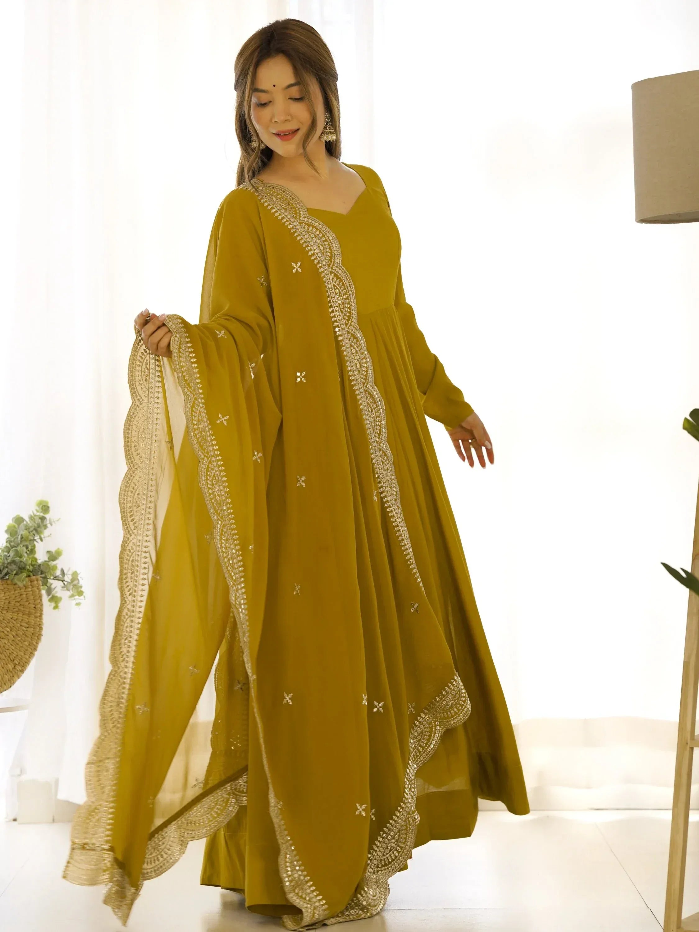 Ravishing Mustard Yellow Silk Anarkali Pant Suit With Sequins Dupatta
