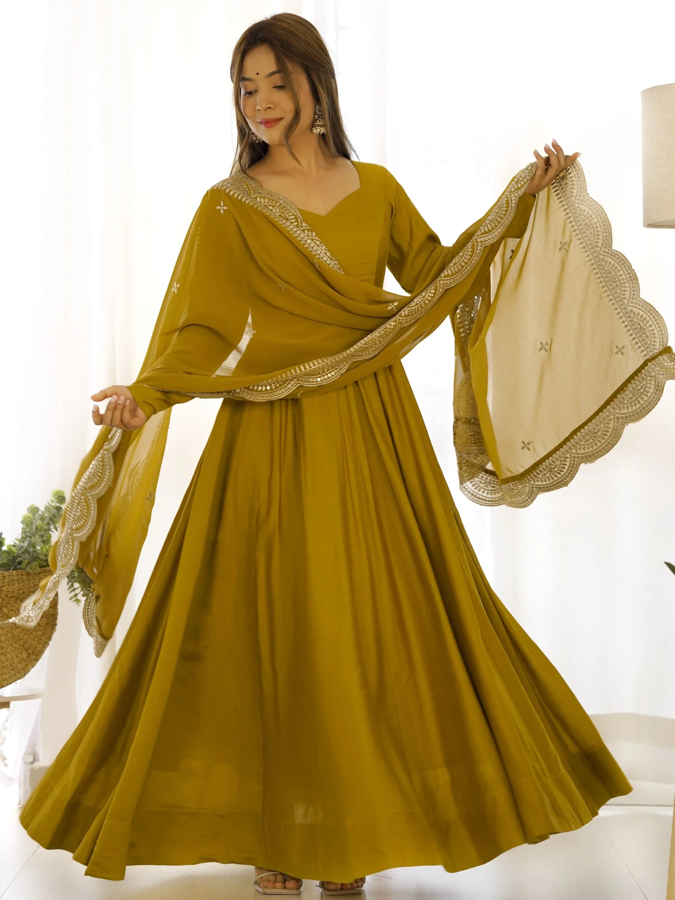 Ravishing Mustard Yellow Silk Anarkali Pant Suit With Sequins Dupatta