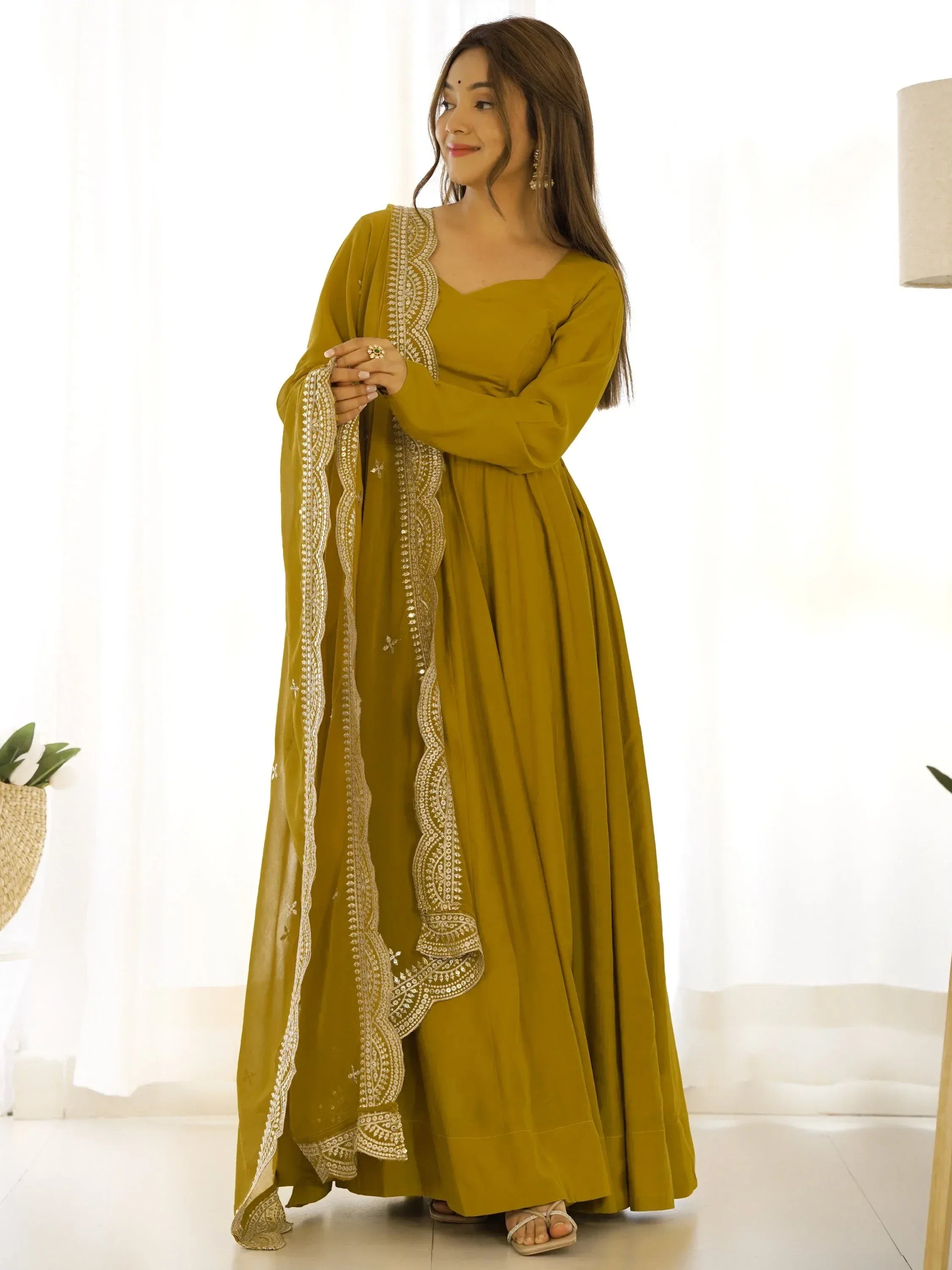 Ravishing Mustard Yellow Silk Anarkali Pant Suit With Sequins Dupatta