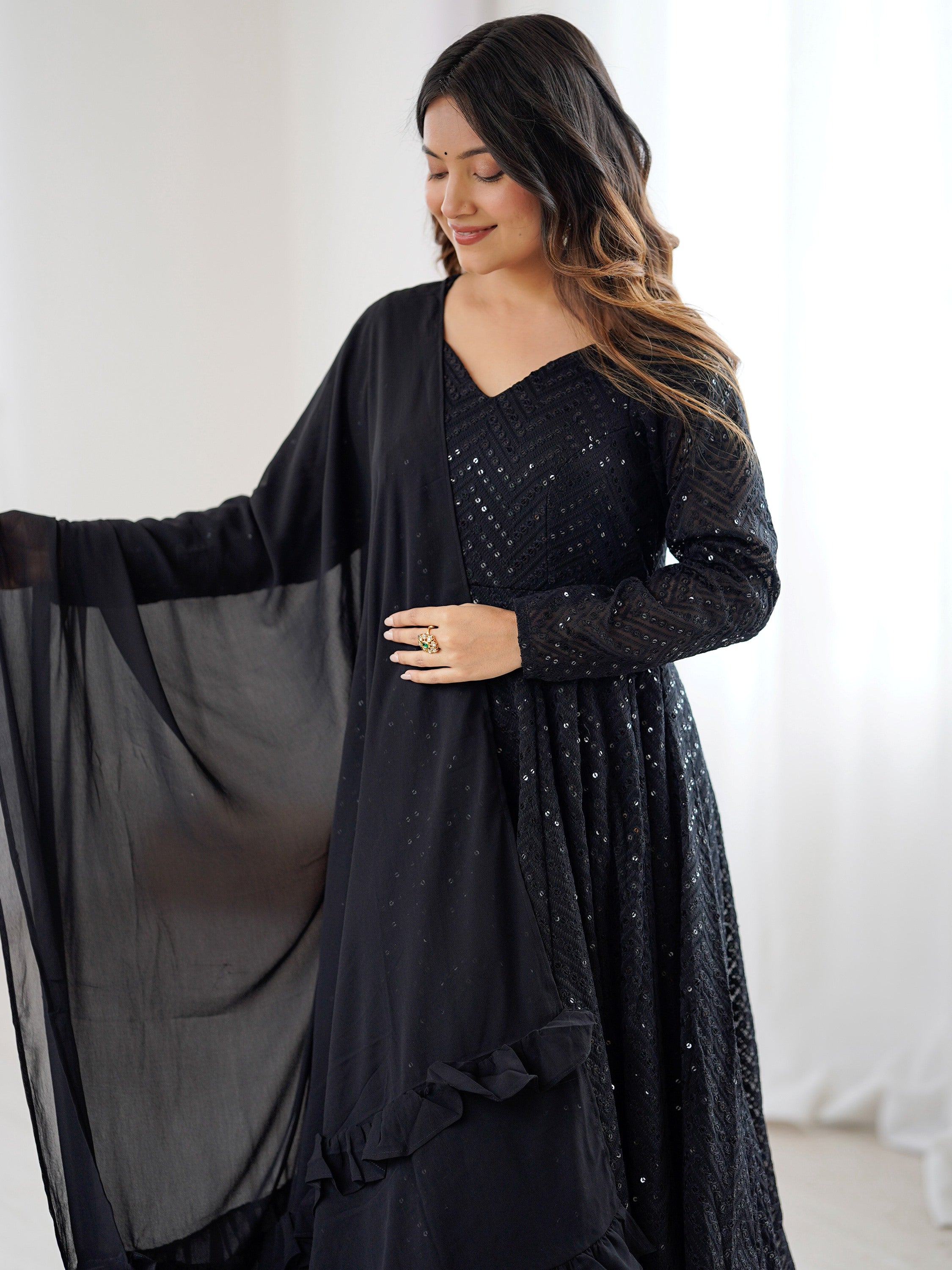 Outstanding Black Sequins Georgette Festival Wear Anarkali Suit