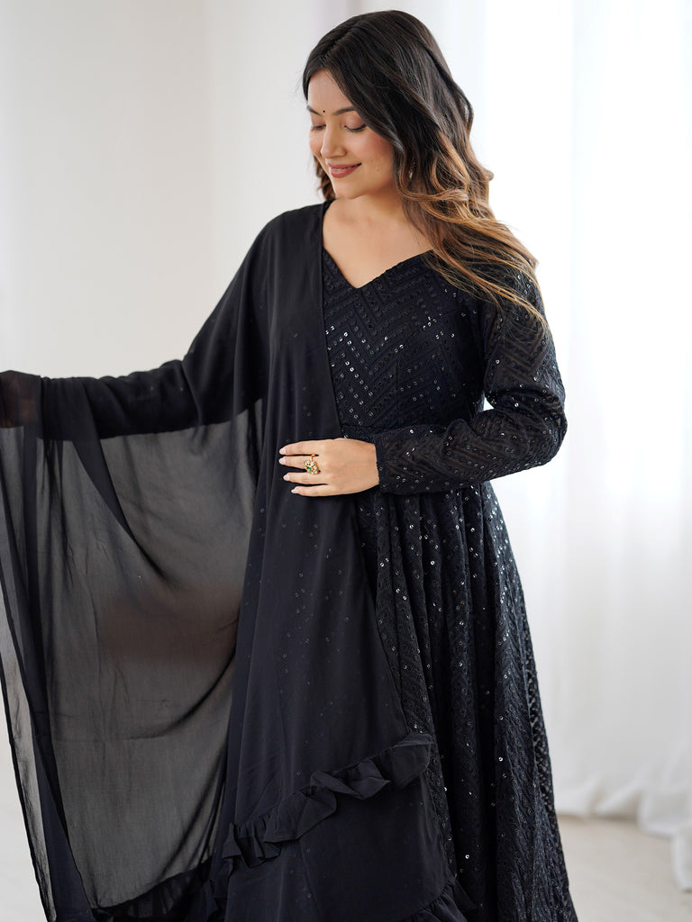 Outstanding Black Sequins Georgette Festival Wear Anarkali Suit