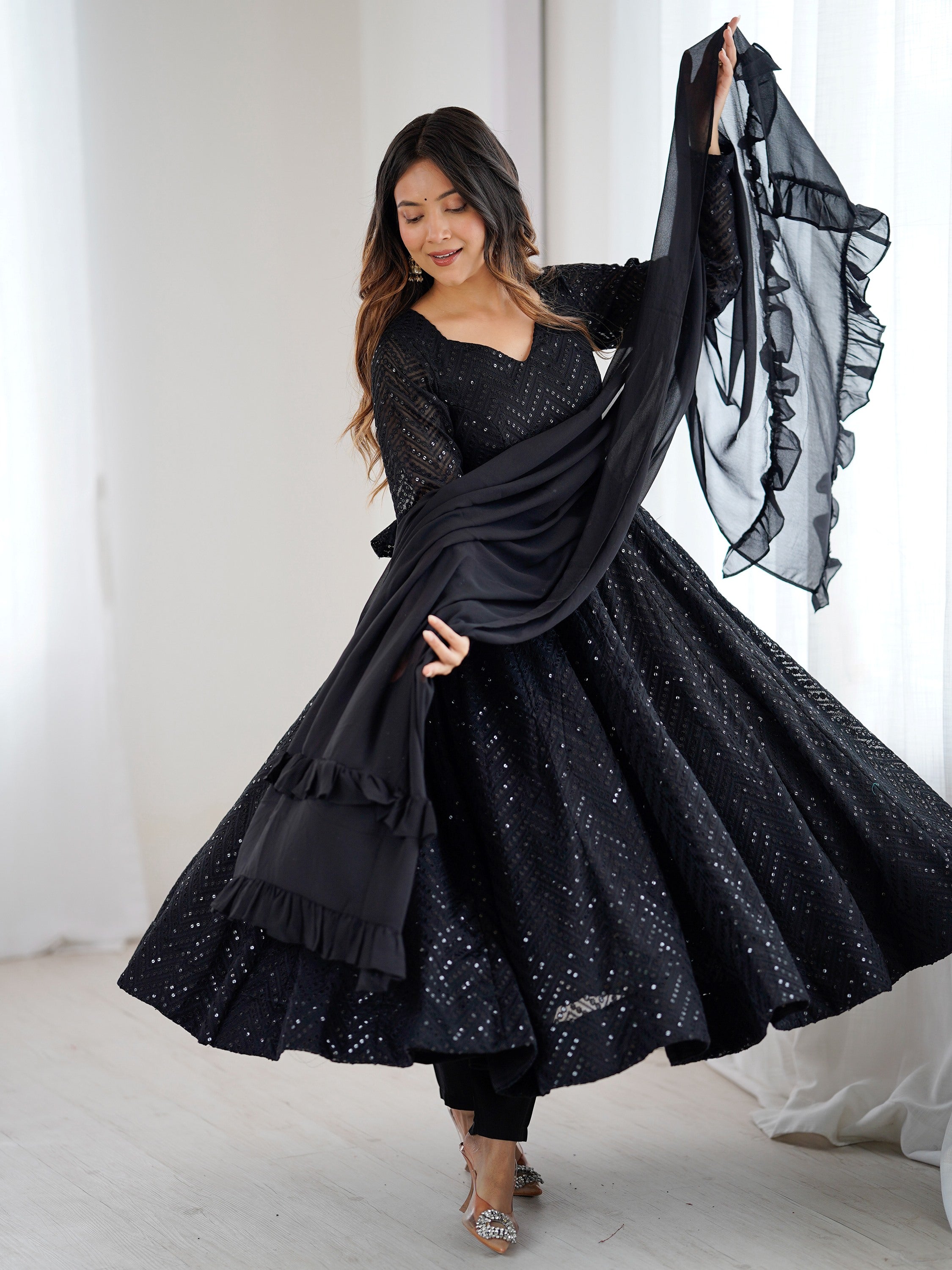 Outstanding Black Sequins Georgette Festival Wear Anarkali Suit