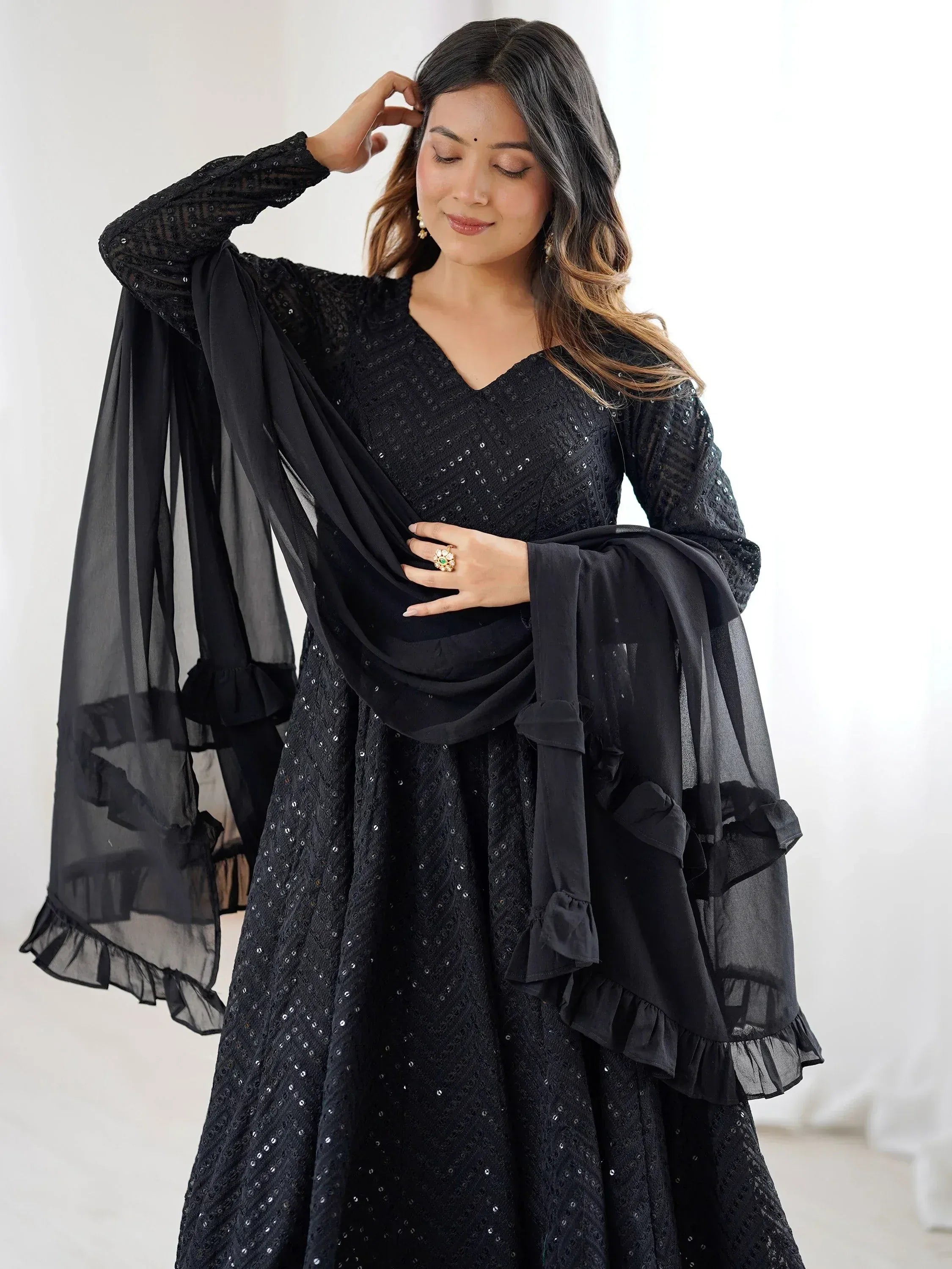 Outstanding Black Sequins Georgette Festival Wear Anarkali Suit