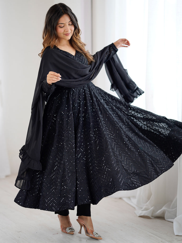 Outstanding Black Sequins Georgette Festival Wear Anarkali Suit