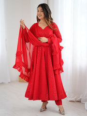 Marvelous Red Georgette Lucknowi Work Festival Wear Anarkali Suit