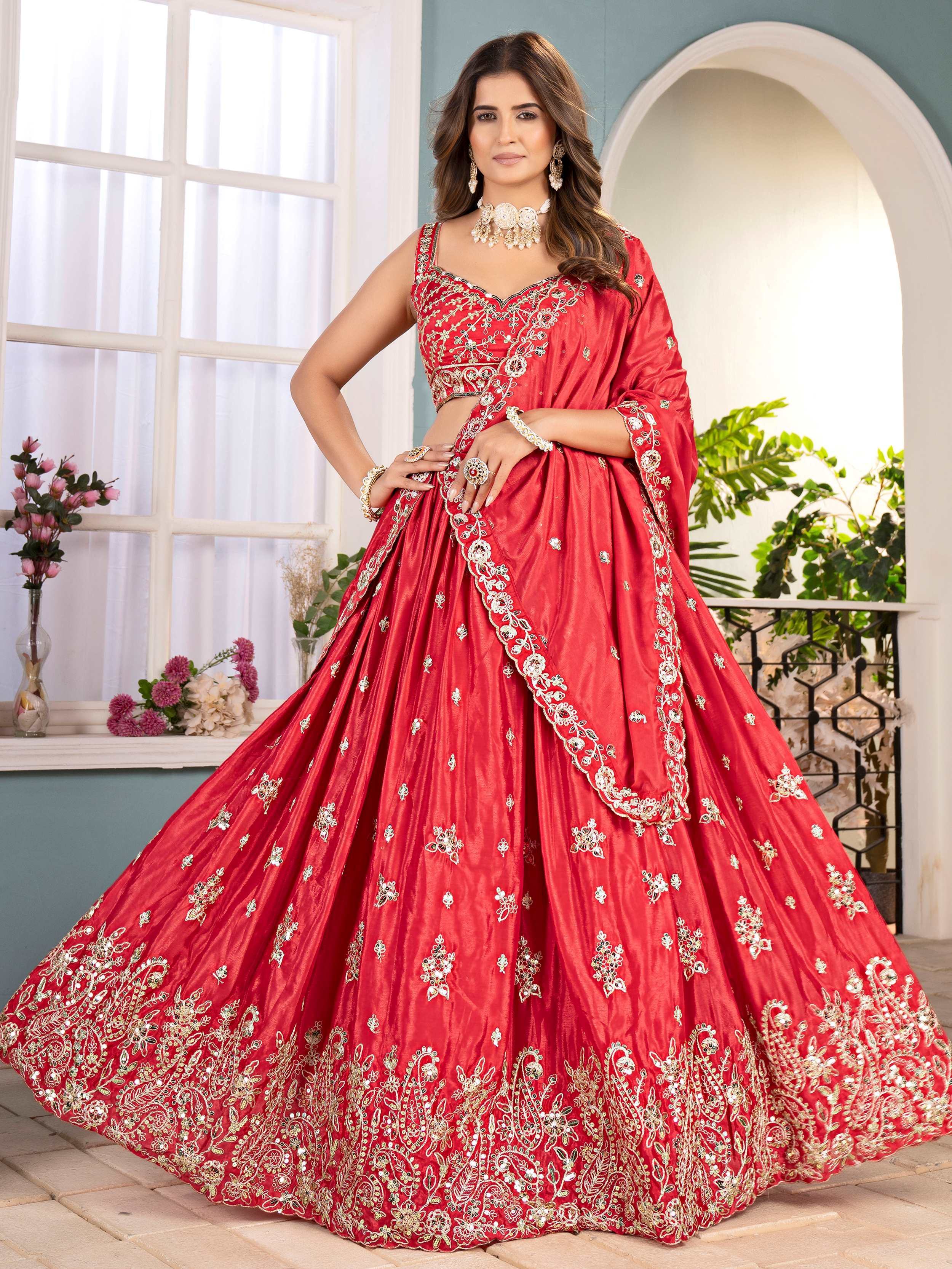 Fabulous Red Chinon Embroidered Sequins Wedding Lehenga Choli