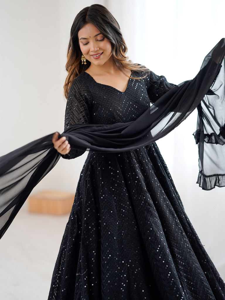 Outstanding Black Sequins Georgette Festival Wear Anarkali Suit
