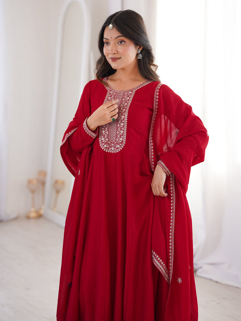 Engaging Red Zari Work Silk Reception Wear Gown With Dupatta