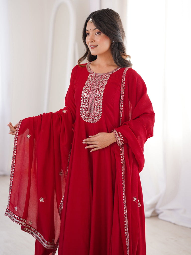 Engaging Red Zari Work Silk Reception Wear Gown With Dupatta