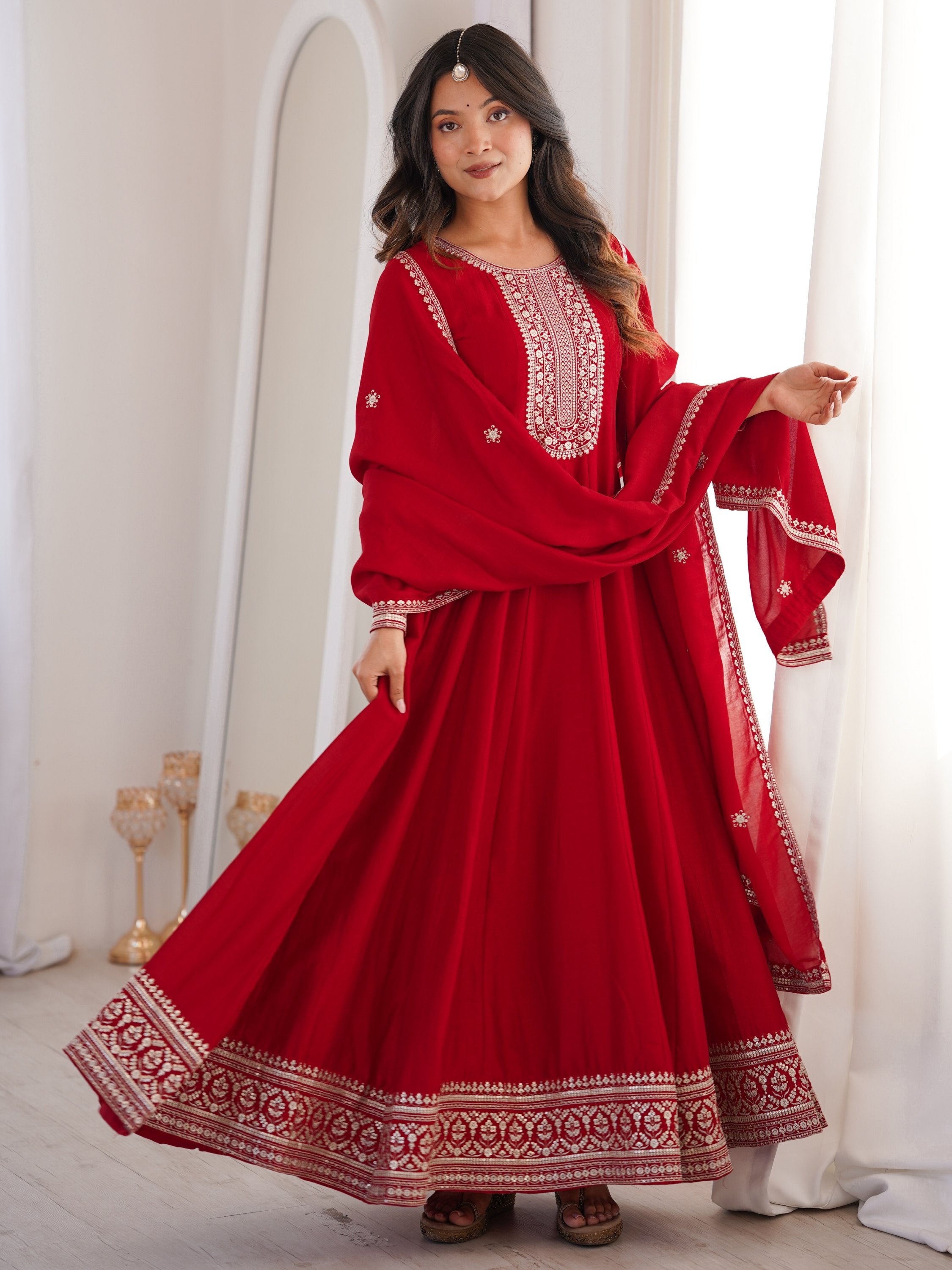 Engaging Red Zari Work Silk Reception Wear Gown With Dupatta