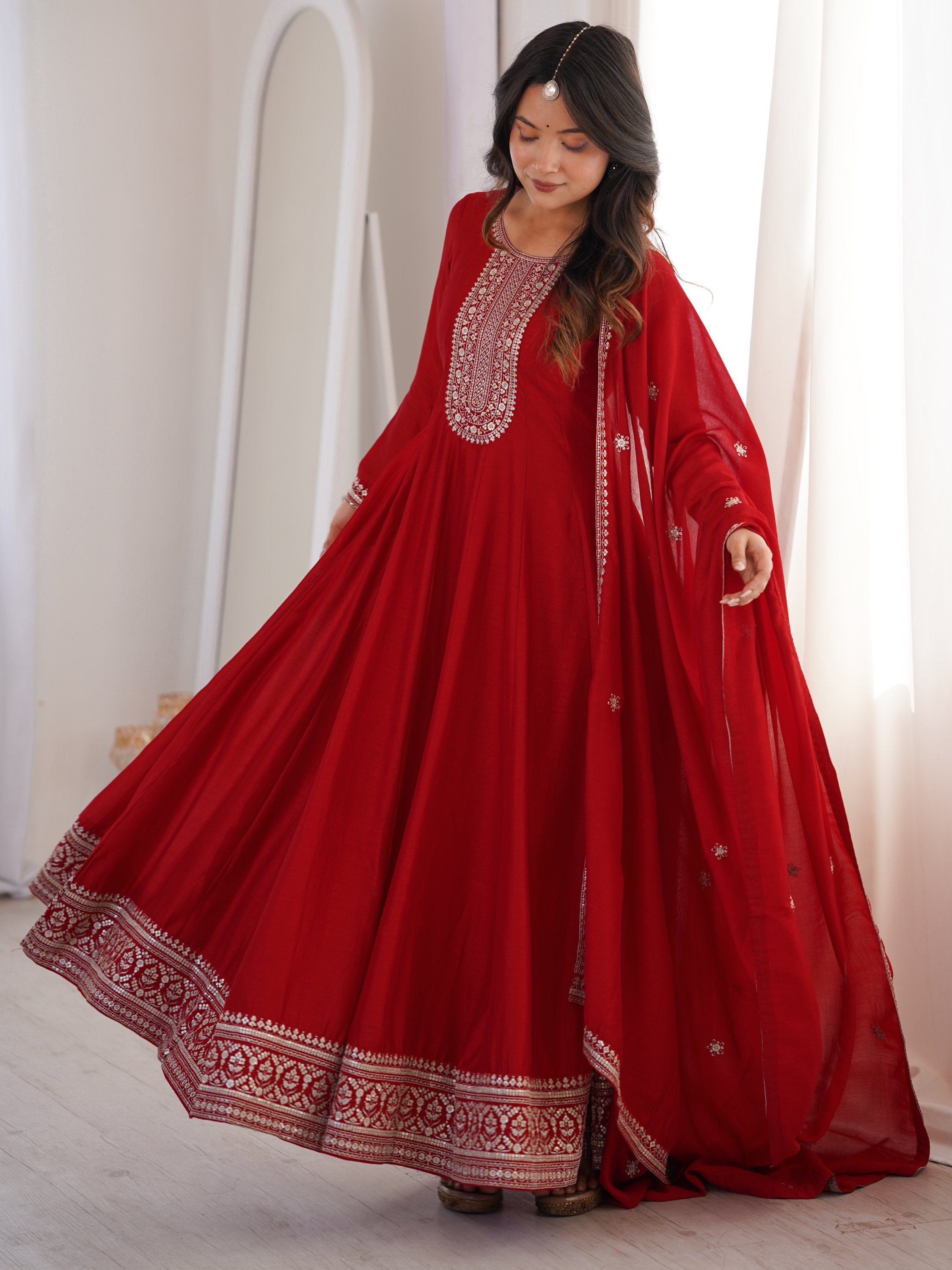 Engaging Red Zari Work Silk Reception Wear Gown With Dupatta