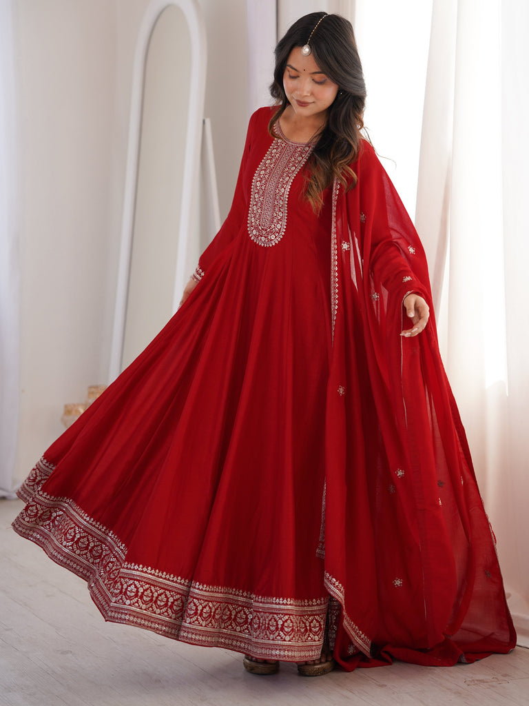 Engaging Red Zari Work Silk Reception Wear Gown With Dupatta