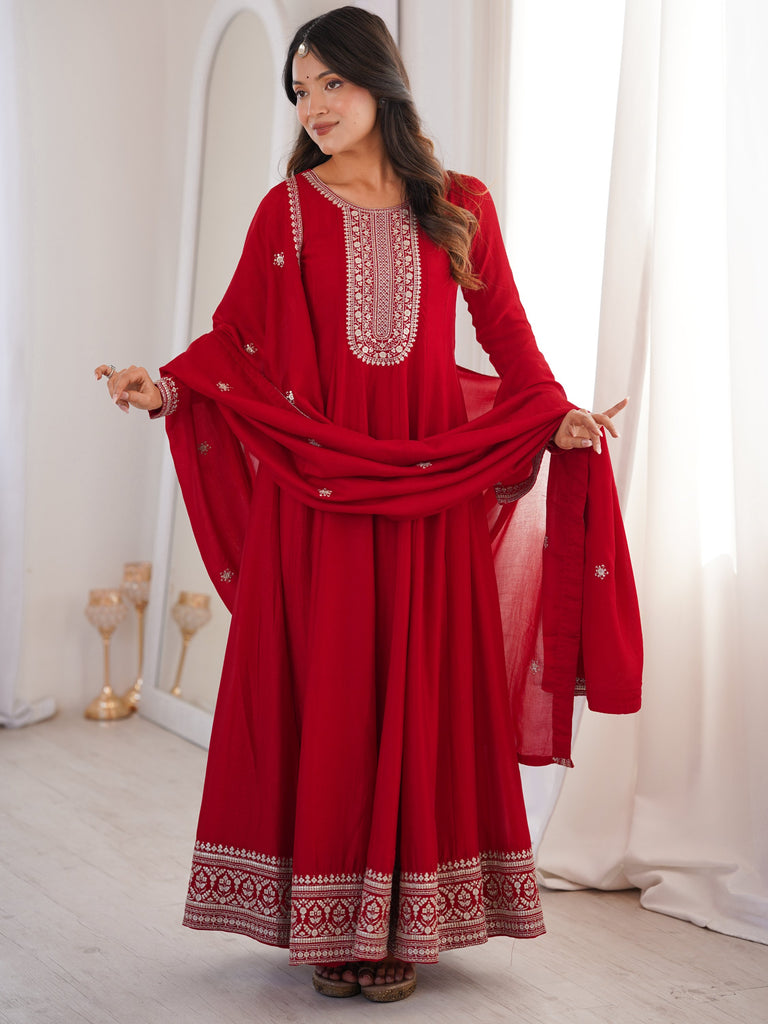 Engaging Red Zari Work Silk Reception Wear Gown With Dupatta