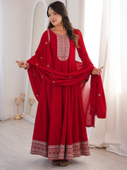 Engaging Red Zari Work Silk Reception Wear Gown With Dupatta